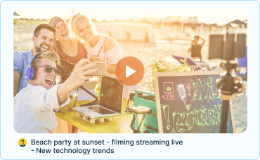 beach party at sunset thumbnail with play button and border effect 
